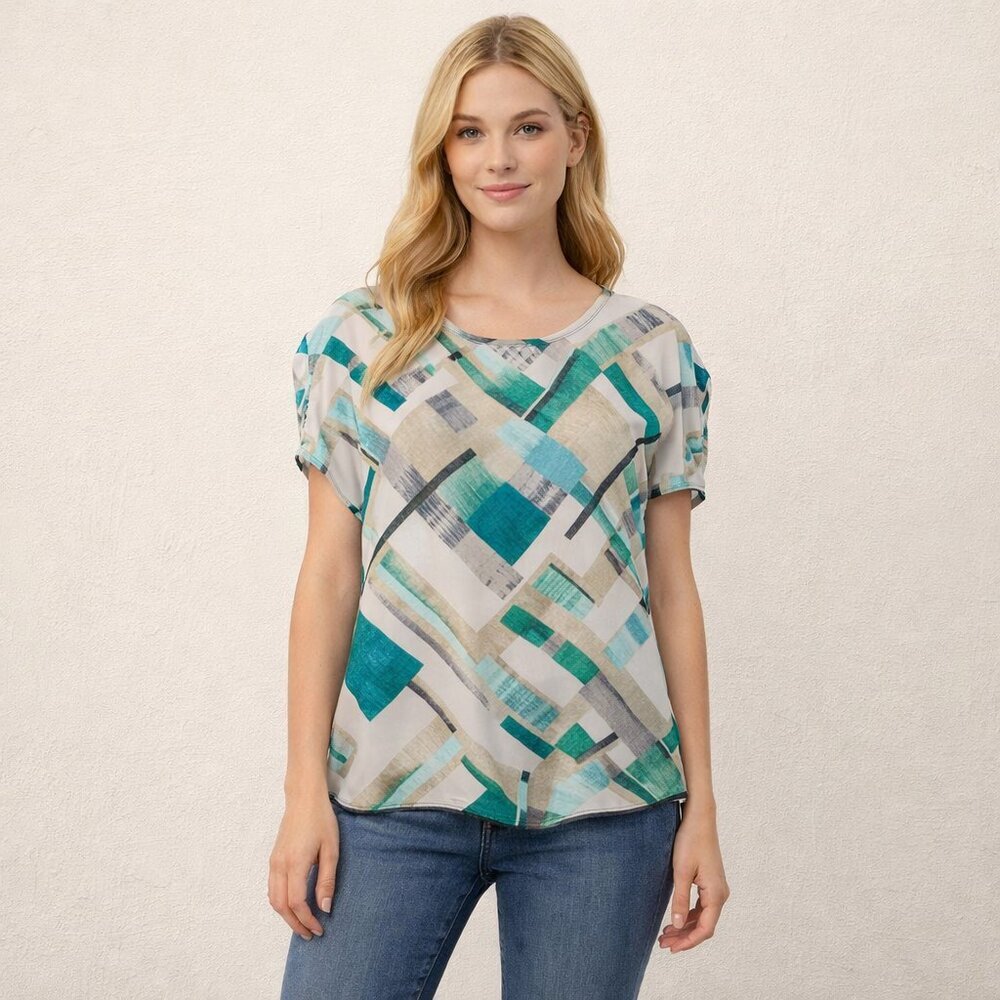 2/$30 White House Black Market Shortail Geometric Print Blouse Multi XS #8655